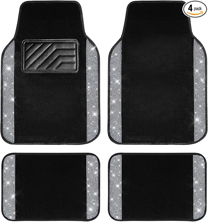CAR PASS Bling Diamond Car Floor Mats, Shining Rhinestone Carpet Sparkly Glitter Crystal with Anti-Slip PVC Heel Pad Waterproof Universal Fit Automotive SUV,Sedan,Van,Cute Girl Women,4pcs Black Sliver