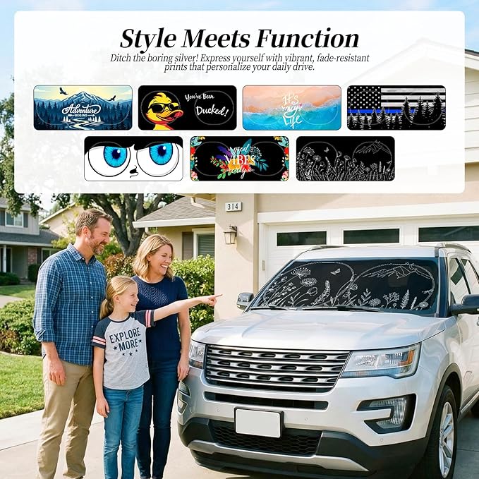 63"x28.5" Car Windshield Sun Shade with Storage Pouch, Stylish Printed Front Window Sunshade with Double Ring Frame, Universal Fit Foldable Heat Blocker & UV Protector for SUV, Sedan (Line Plants)
