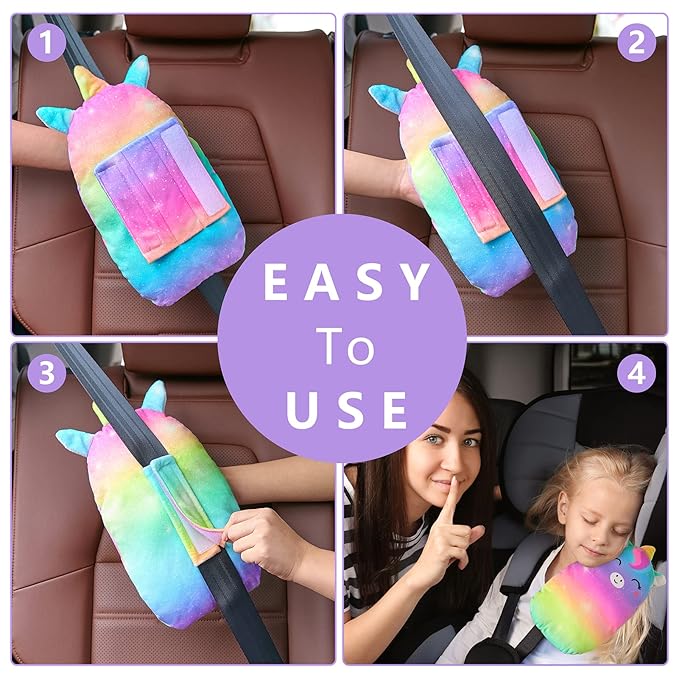 FIODAY Car Seat Belt Covers for Kids Unicorn Seat Belt Pillow Soft Seat Belt Cushion Adjust Seat Strap Pillow Head Neck Support for Children Boys Girls Travel, Rainbow