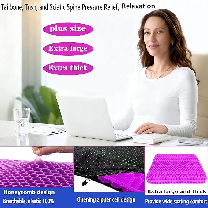 Plus Size Gel Seat Cushion for Long Sitting, Extra Large and Thick, Seat Cushion for Back, Hip, Sciatica, Tailbone Pain Relief, Use for The Office, Wheelchair, Car, Recliner, Truck.(Rose red)