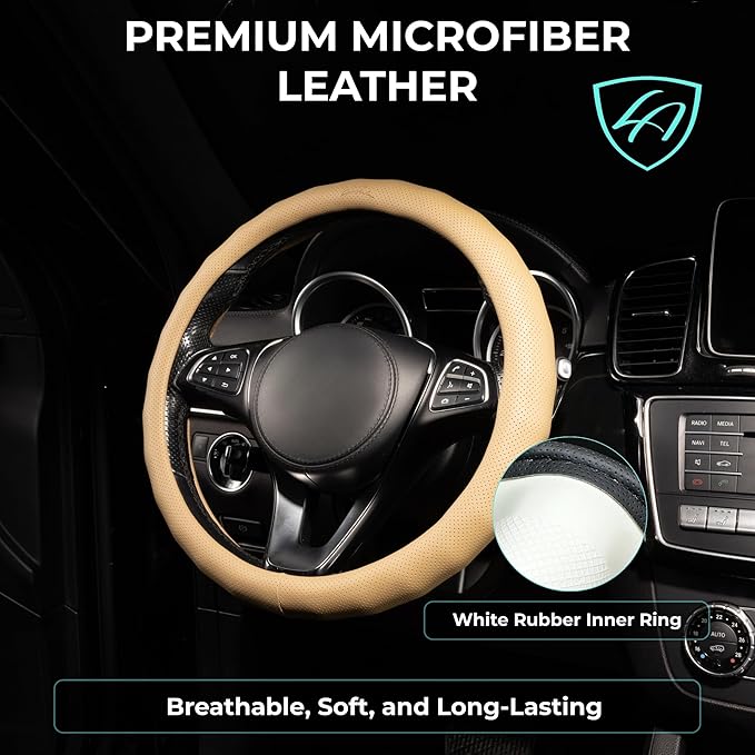 Lord Autofashion Steering Wheel Cover – PU Leather, Non-Slip Rubber Inner, All-Season Comfort – 14.5–15 Inch (Beige 8571)