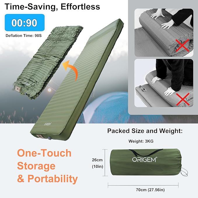 Origem Self Inflating Sleeping Pad with Electric Pump, 4" Ultra-Thick Memory Foam Camping Mattress, Foam Campinging Mat for Tent, Camping,Traveling and Car, Easy to Inflate and Deflate (Green)