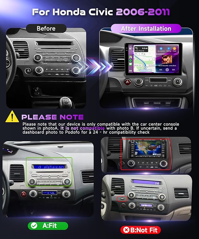 [4+128G] Android 15 Car Radio Stereo for Honda Civic 2006-2011 with Wireless CarPlay & Android Auto, 10.1 Inch in-Cell Screen Car Auido with AHD Backup Camera GPS WiFi FM RDS Radio EQ SWC