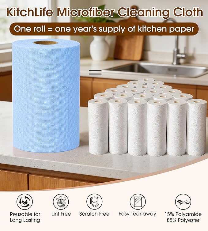 KitchLife Microfiber Cleaning Cloth Roll, 200 Pack - Tear-Away Microfiber Paper Towels, Lint-Free, Reusable, Washable for Kitchen, Car, Dishes, and Sensitive Surfaces (Blue)