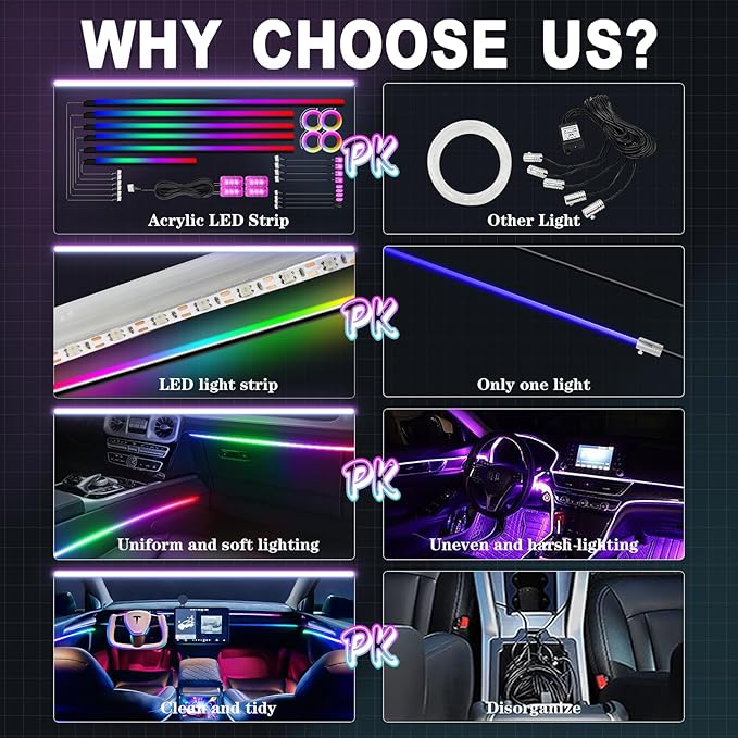 Dreamcolor Acrylic Ambient Lighting Car Lights – Wireless APP Control, Music Sync, Dynamic RGB Interior Car LED Strip Light Kit, 22-in-1 Customizable LED Neon Light Kits for Car Interior