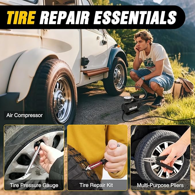 Nilight Car Emergency Kit with Jumper Cable Air Compressor Tire Repair Essential Tools First Aid Alligator Connector Electrical Kit for Travel Camping Outdoor Cars Truck SUV RV