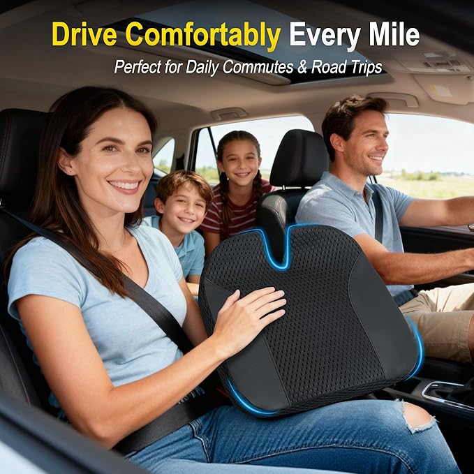 Car Seat Cushion: Ergonomic Memory Foam Cushion for Driving and Long Drives, for Sciatica and Back Pain, Seat Pillow for Car, Truck, Office Chair, Home, Wheelchair- Black