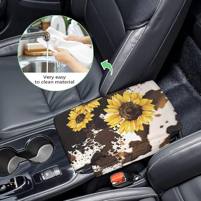 Dreaweet Brown Cow Print Center Console Cover Pad Cute Sunflower Car Accessories for Women Arm Rest Cover with Pockets for Car SUV Truck Non Slip Scratch Proof Thick Car Armrest Cushion