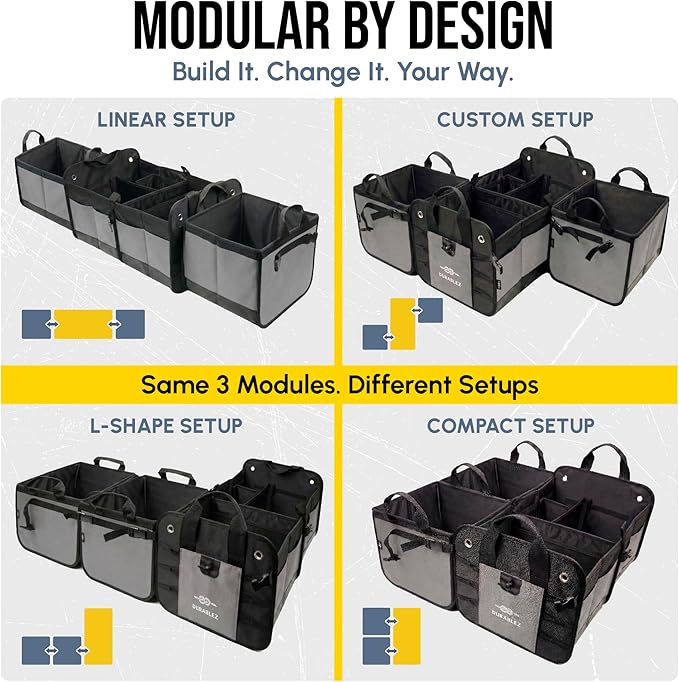 Modular 4-Section XL Trunk Organizer – Car Storage for Groceries, Tools, Sports Gear, Emergency Kits – Extra Large Multi-Compartment Cargo Box, Collapsible & Heavy Duty – Gray
