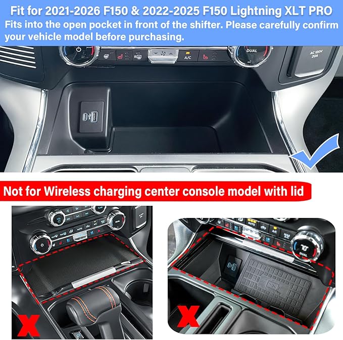 Center Console Compartment Cover for Ford F150 Accessories 2021-2025 2026/Lightning XLT PRO 2022-2025 Interior Hidden Panel Secret Pocket Lid USB Hole (Fits The Open Pocket in Front of The Shifter)