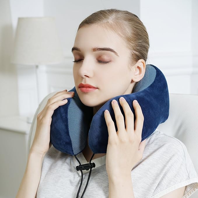 TALLGO Travel Pillow, Best Memory Foam Neck Pillow Head Support Soft Pillow for Sleeping Rest, Airplane Car & Home Use (Dark Blue)