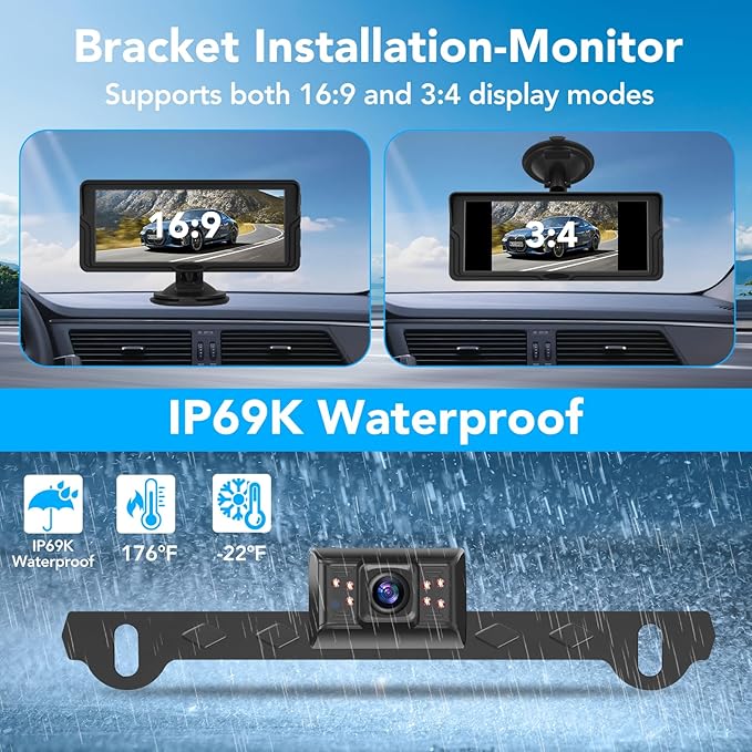 Backup Camera for Truck, 6.86" HD 1080P Rear View Monitor Kit, Wired Backup Camera System with Night Vision, 2 Channel, IP69K Waterproof, Optional Dual Bracket, Plug & Play for Car RV Trailer Tractor