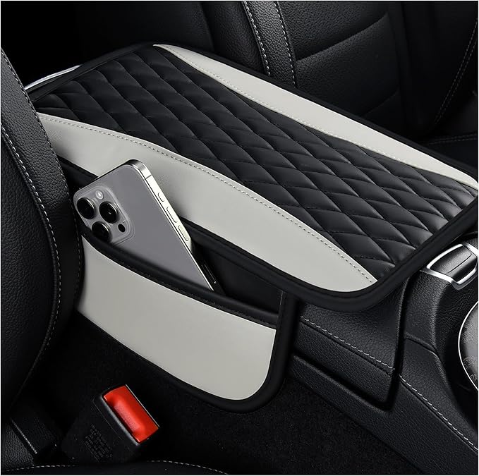 IHOTDER Patchwork Leather Center Console Covers for Cars,Upgraded Arm Rest Cover for Car with Side Storage Pocket for Car Seat Organizer,Middle Console Cover Stylish Car Decoration (Gray)