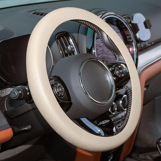 Spurtar Beige Car Steering Wheel Cover Men, Soft Thin Silicone Leather Texture Car Accessories for Women, Fit Diamenter 15" - 16.5"