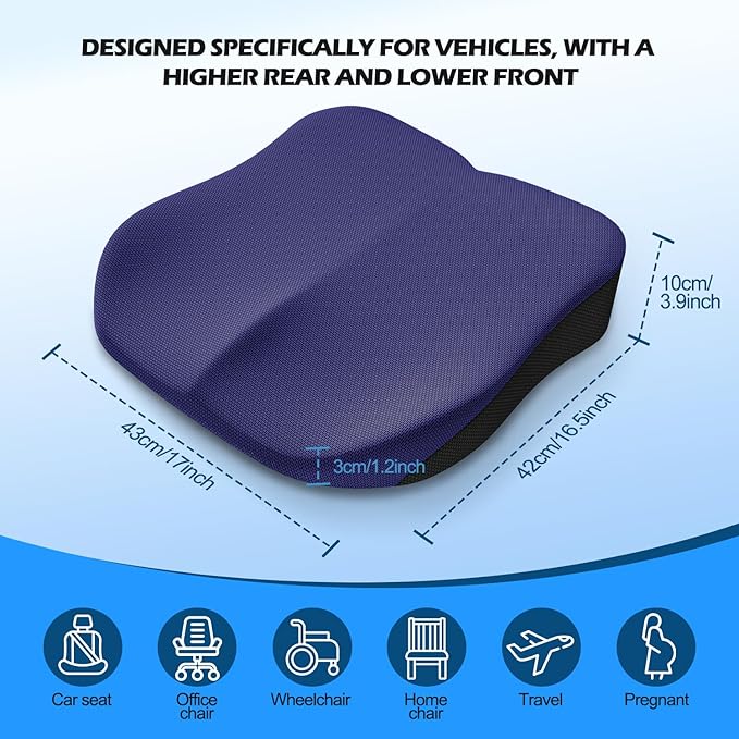 Car Seat Cushion for Driving, Memory Foam Driver Seat Cushion with Lower Back & Tailbone Pain Relief. Automotive Cushion for Car Suitable for Trucks, Sedans, and Other Vehicles