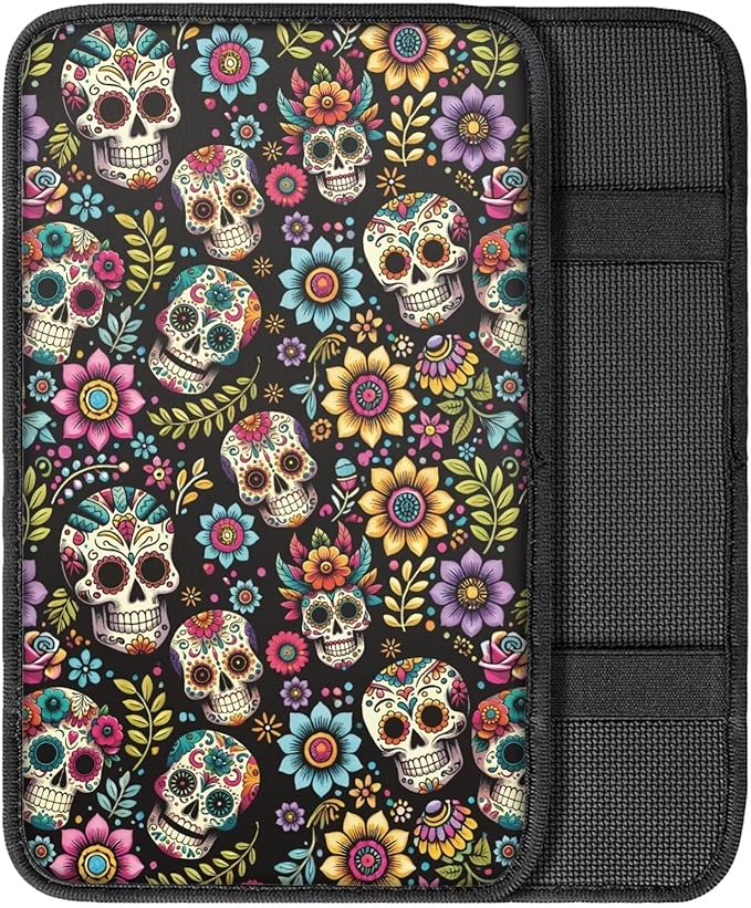 Dreaweet Hippie Flower and Skull Print Center Console Cover for Car Comfy Anti Scratch Armrest Cover Cushion Pad Universal Car Arm Rest Cover for SUV Truck Van