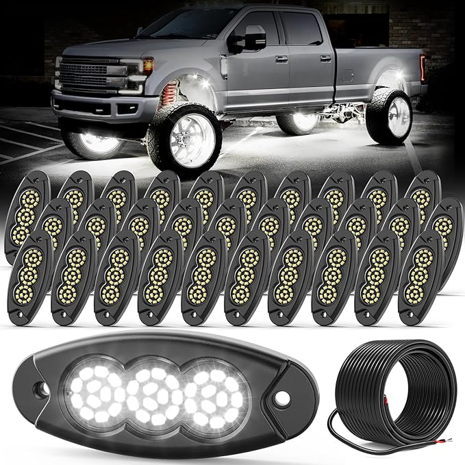 30Pods Pure White Rock Lights 36 LEDs SMD Chips 6500K Super Bright Underglow Light IP68 Waterproof for Trucks Pickup SUV Car with 32.8ft Wire