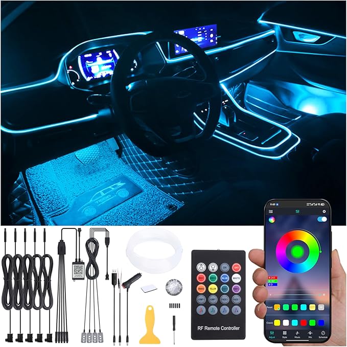Car Atmosphere Light Kit 6m Fiber Optic Multicolor Sound Active Music Sync Memory Function RF Remote Controller + Bluetooth APP Control 64 Colors USB Car Interior Footwell Ambient Lighting Kit
