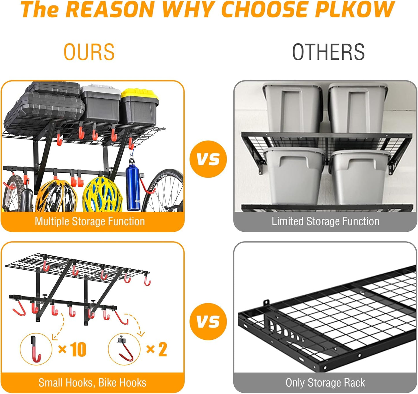 PLKOW Garage Wall Shelving 4-Pack Includes Bike Hooks, Sturdy Adjustable Garage Shelving Wall Mount Garage Wall Organizer (Black, 4-Pack)