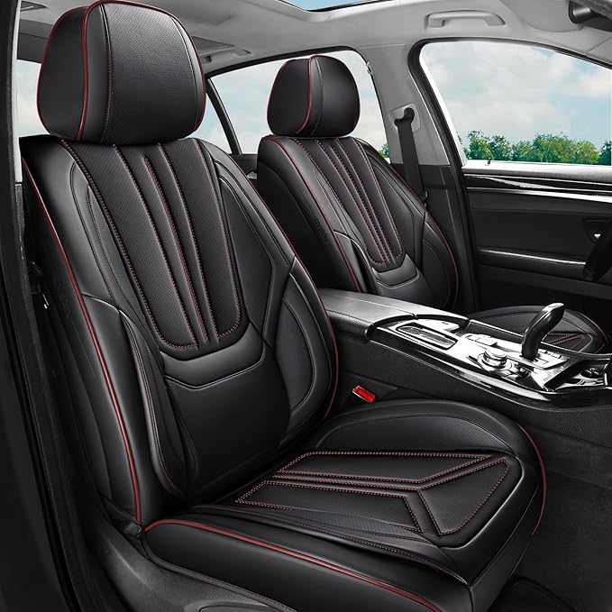 Car Seat Covers, Premium Leather Car Seat Covers, Waterproof and Breathable Seat Covers, Universal Car Seat Protector Fit for Cars, Trucks, SUVs, Pick-ups (Black&Red line, FullSet)
