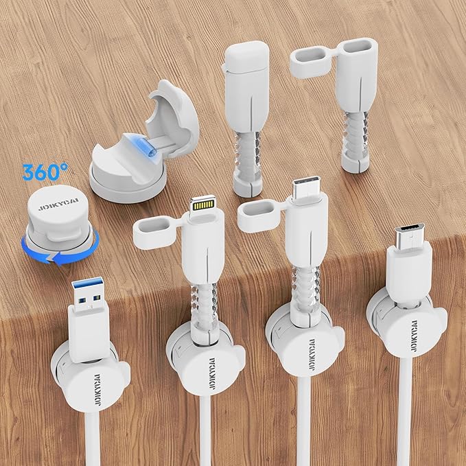 6 Magnetic Spring Cable Clips Desktop Cord Organizer Rotatable Cord Holder 2 Charging Cord Protecors for Nightstand Phone Charger Organizer Computer Desk Cable Management Appliance Adhesive Wire Strap
