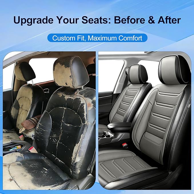 Fit Civic Car Seat Covers for Honda Civic 2020-2026 Sedan(Not for Coupe) - Premium Full Coverage Leather, Waterproof All Weather Breathable Seat Cushion Protector, Full Set, Black+Gray