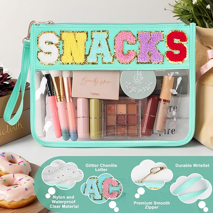 Snack Bag for Travel - Clear Chenille Varsity Letter Flat Pouch with Zipper, 12.2×8.46 inch Waterproof Clear Nylon Preppy Patch Makeup Cosmetic tote Bags for Women Girls