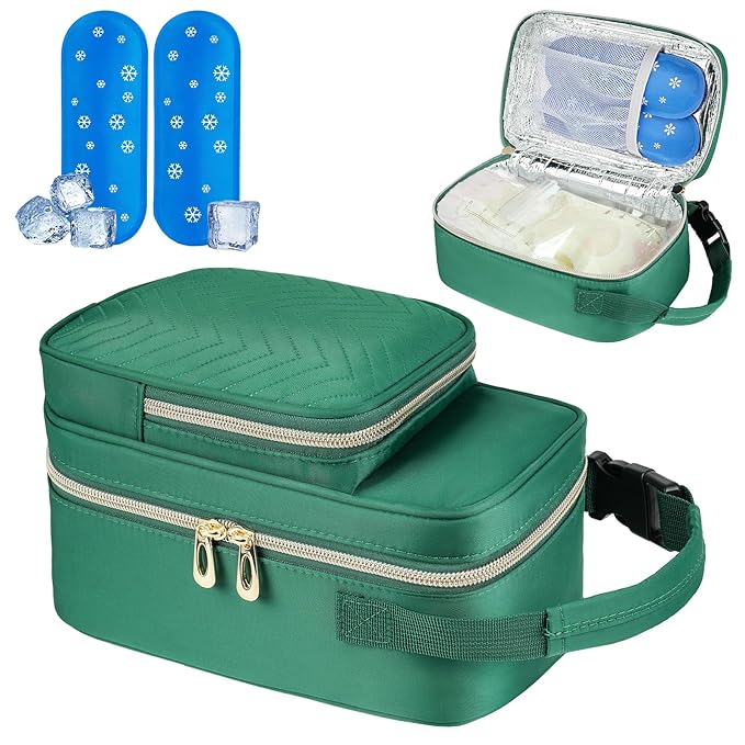 Breastmilk Cooler Travel Bag with Ice Pack,Portable Breastmilk Cooler Bag with Buckle Handle,Insulated Breastmilk Storage Bag Cooler,Green