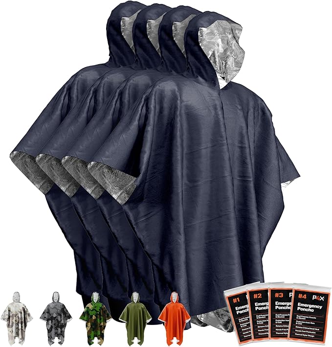 PREPARED4X Emergency Mylar Poncho – Survival Rain Poncho with Hood – Lightweight, Compact, Reusable Emergency Blanket Poncho for Hiking, Camping, Thermal Gear, Car Kit, Outdoors