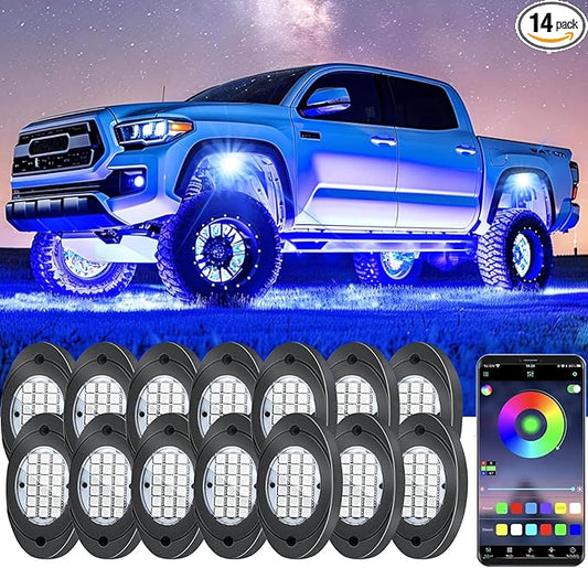 14 Pods RGB LED Rock Lights, Underglow Multicolor Neon Light Kit Wheel Well Light with APP Control & Music Mode, Under Glow Lights for Trucks,Jeep,SUV,Golf Cart,ATV,Pickup Off Road,12 V