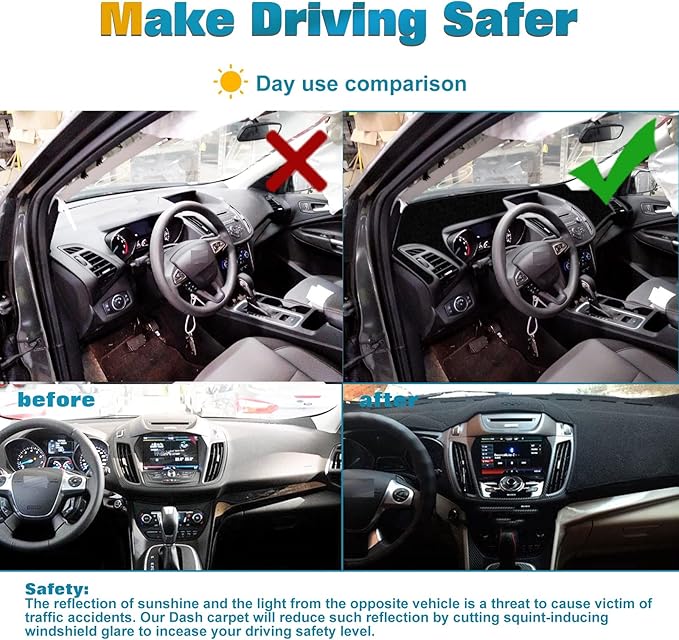 x xotic tech Center Console Dashboard Mat Pre-Cut Non-Slip Sunshield Sun Glare Protector Dash Carpet Pad Black Cover Compatible with Ford Escape 2014-2019