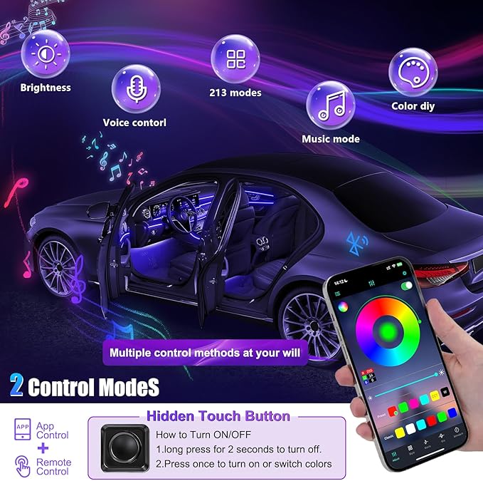 Acrylic Interior Car LED Strip Light with Wireless APP, RGB 14 in 1 with 175 inches 600 LEDs Fiber Optic Strip Lights for Car, Dynamic Chasing Sound Active Neon Car Ambient Lighting Kits