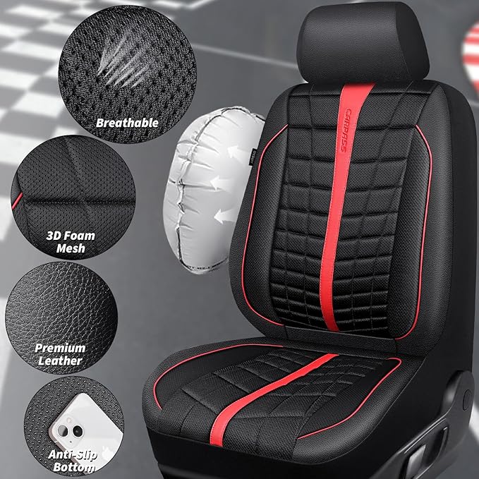 CAR PASS Leather Mesh Car Seat Covers Full Set, 3D Foam Breathable Luxury Mesh Leather Seat Covers Full Set, Universal Fit for Cars Trucks SUV, Airbag Compatible, Anti Slip Seats 5 Black Red