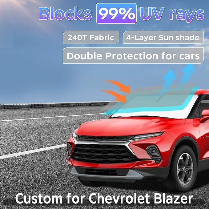 Sun Shade Sunshade for Chevrolet Blazer 2019-2026 Windshield Cover (NOT for EV) 4-Layers Sun Shield for Chevy Blazer 250T Silver Coating Sun Visor Foldable Window Shade Blocks UV Car Accessories