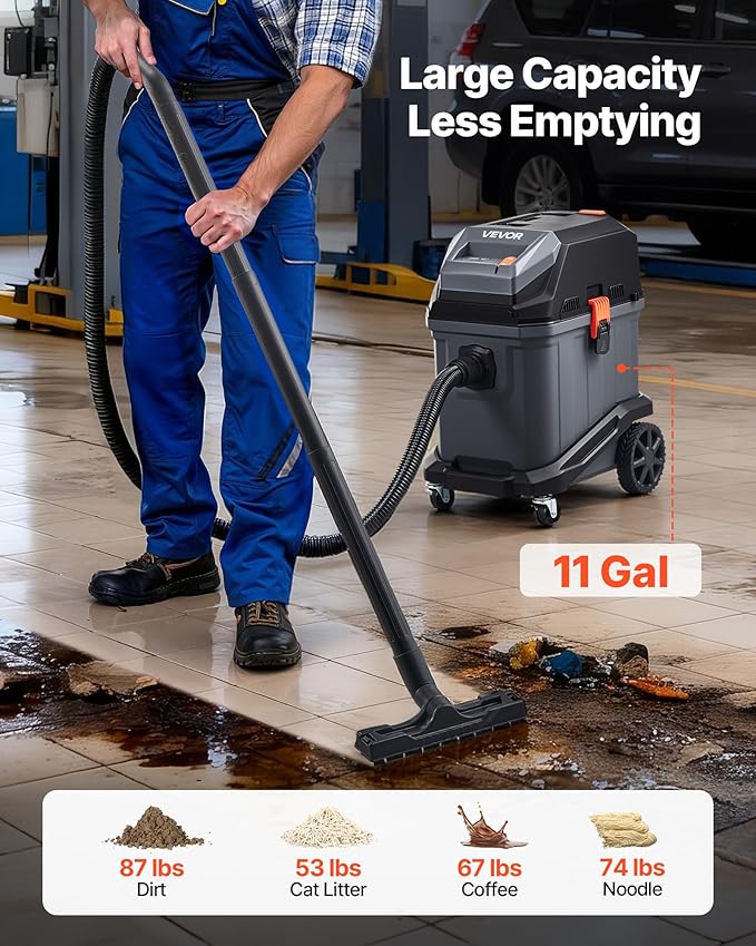 VEVOR Commercial Shop Vac, 11 Gallon Wet Dry Shop Vacuum, 5.5 Peak HP Portable with One-Button Self-Cleaning, 1350W Input, 1.25in x 7ft Hose, 20ft Cord, Industrial-Grade for Jobsite, Workshop