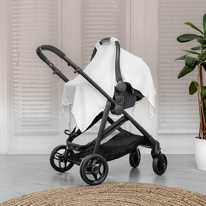 Comfy Cubs Baby Car Seat Cover - Soft, Breathable Bamboo Rayon and Muslin Cotton Blend - Lightweight Canopy for Sun, Bug, and Comfort Protection - Large Size Infant Seat Cover in White Design