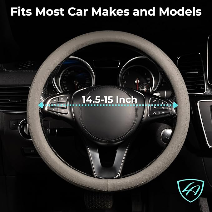 Lord Autofashion Steering Wheel Cover – PU Leather, Non-Slip Rubber Inner, All-Season Comfort – 14.5–15 Inch (Grey 8397)