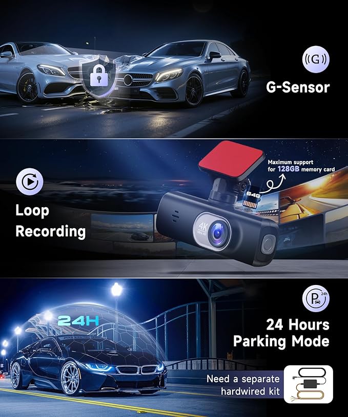 Dash Cam 4K Front and Rear Full HD Dash Camera for Cars, Included 64GB Card, Built-in WiFi, 1.47" IPS ScreenLoop Recording, G-Sensor, Night Vision, Parking Mode