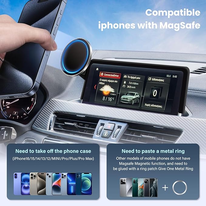 Car Phone Holder Compatible with BMW X1 2016-2022 / BMW X2 2018-2023 Accessories 8.8 inch Touchscreen Fixed Clip,360°Rotation Magnetic Phones Mount for Phones (not fit 6.5 inch)
