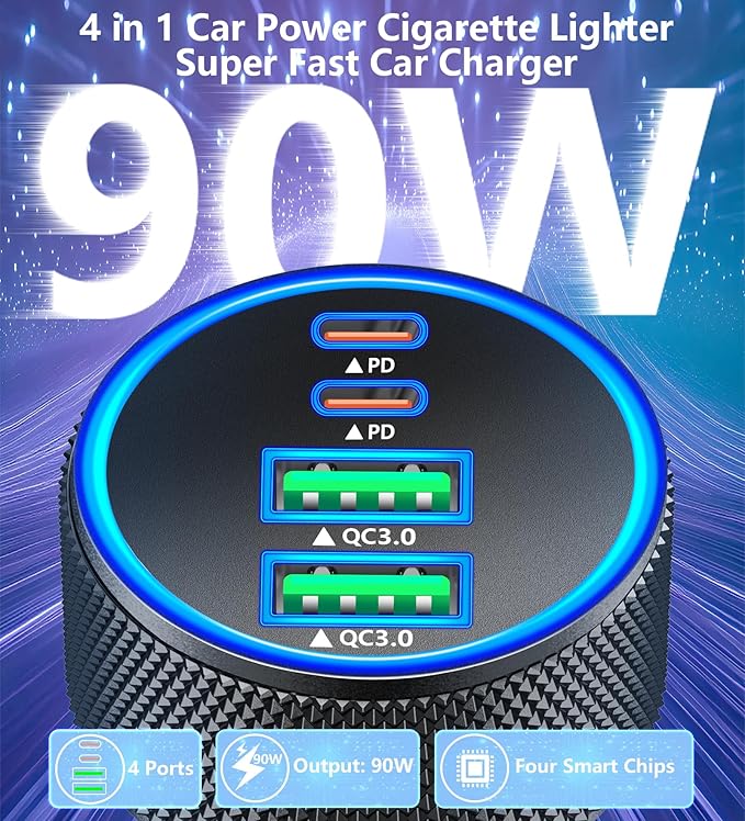 [Apple MFi Certified] iPhone 17 Car Charger, Rombica 4-Port 90W USB-C&USB-A Car Power Cigarette Lighter PD/QC Fast Car Charger + Type-C Braided Cord for iPhone 17/17 Pro/16 Pro/15/Galaxy S26/S25/Pixel