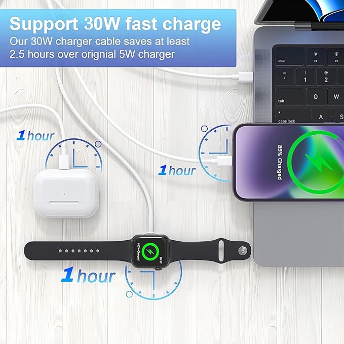 TOP-UP Apple Watch Charger USB C with 30W PD Fast Wall Plug – 4 in 2 Magnetic Charging Cable for iWatch Series 11–1/SE/Ultra, iPhone 17/16/15/14, iPad, Multi Charging Cord for Travel 6FT
