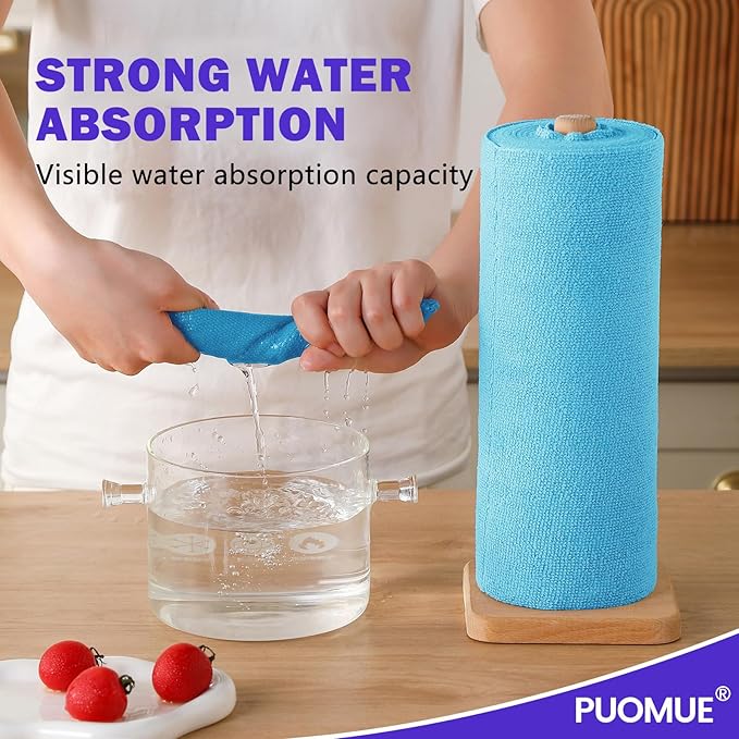 Puomue 55 Pack Microfiber Cleaning Cloth Roll, Tear Away Reusable Towels, 11" X 9", Ultra Absorbent & Lint Free Microfiber Cloth for Cleaning Cars, Kitchen, Window, Home and Shop, Blue
