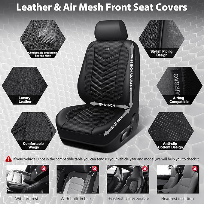 CAR PASS 3D Foam Mesh Leather Car Seat Covers Front Seats, Breathable Two Front Seat Cover for Cars, Comfortable Universal Fit for SUV Truck Sedan Automotive Anti-Slip Airbag Compatible, All Black