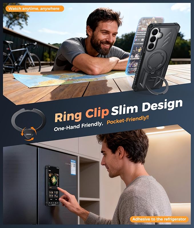 FNTCASE for Samsung Galaxy S26 Case: with [Magnetic Ring Kickstand] [Screen Protector] [Compatible with MagSafe] [Military-Grade Drop Protection] Dual-Layer Protective Phone Cover Translucent Black