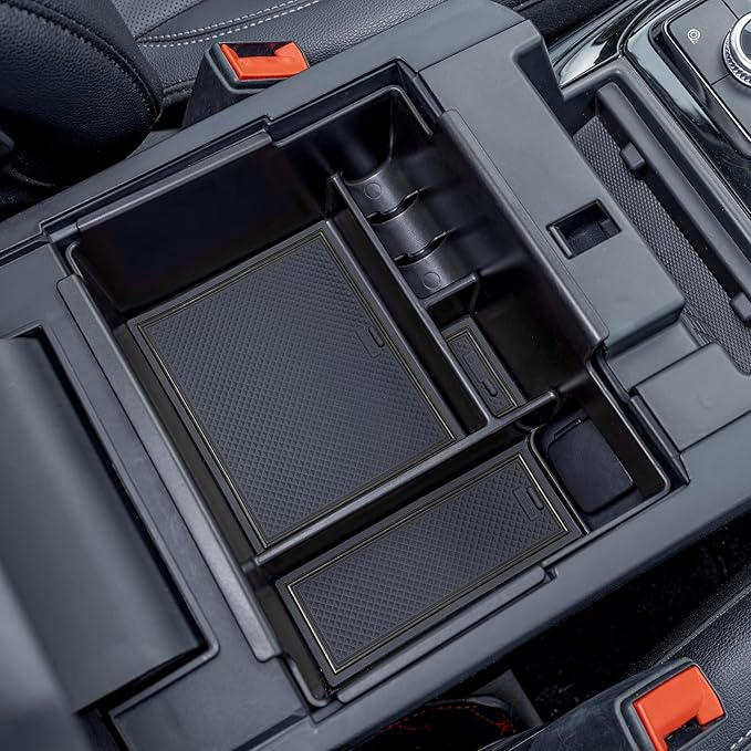 TOPINSTALL Black Center Console Organizer Tray Compatible with 2020-2025 2026 Ford Explorer Accessories, Deep Armrest Storage Box with Coin Holder & Non-Slip Mats, 6th Gen Explorer Accessories