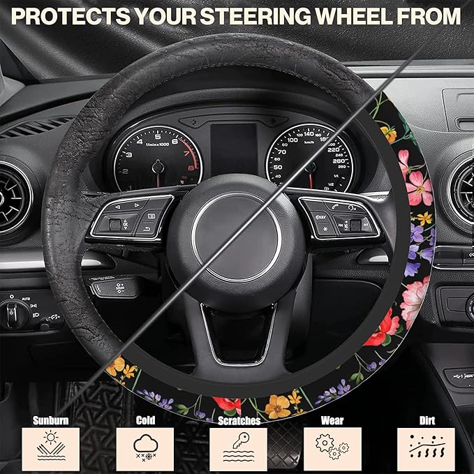 Colorful Floral Flowers Steering Wheel Cover, Elastic Non-Slip Steering Wheel Protector,Auto Interior Decor for Women Girls,Universal 15" Fit for Sedans,Trucks