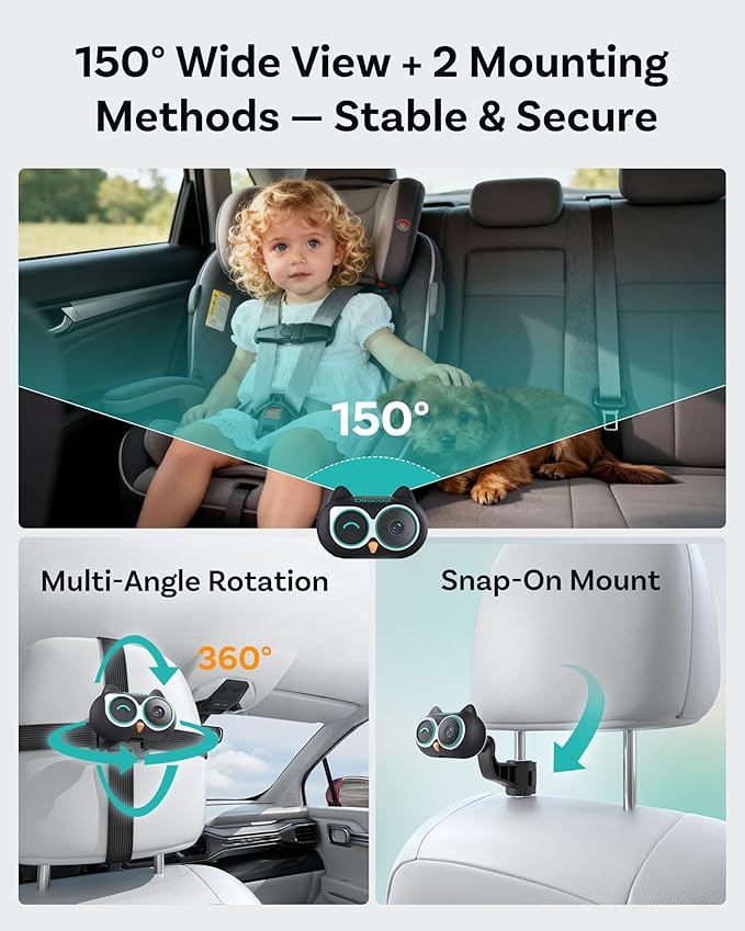 OTTOCAST Cabin Care Baby Car Camera 2026,Uses Your Car's Built-In Screen,No Extra Screen Needed,Split Screen for CarPlay and Baby View,No-Glow Night Vision,Plug&Play,150°Wide Angle(No Android Support)