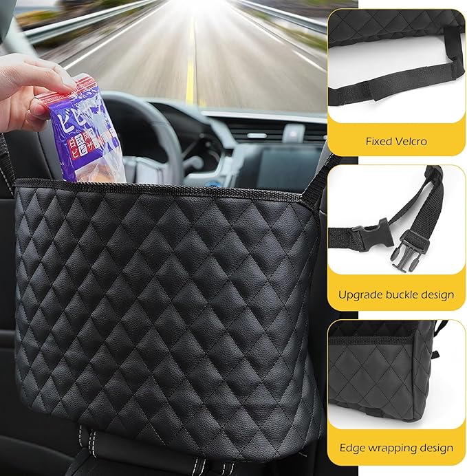 Car Purse Holder Between Seats with Front Pocket, Hanging Large Capacity Snack Cup Bag Document Storage Bag, Multi-functional Organizer for Travel, Auto Interior Backseat Barrier (Black)
