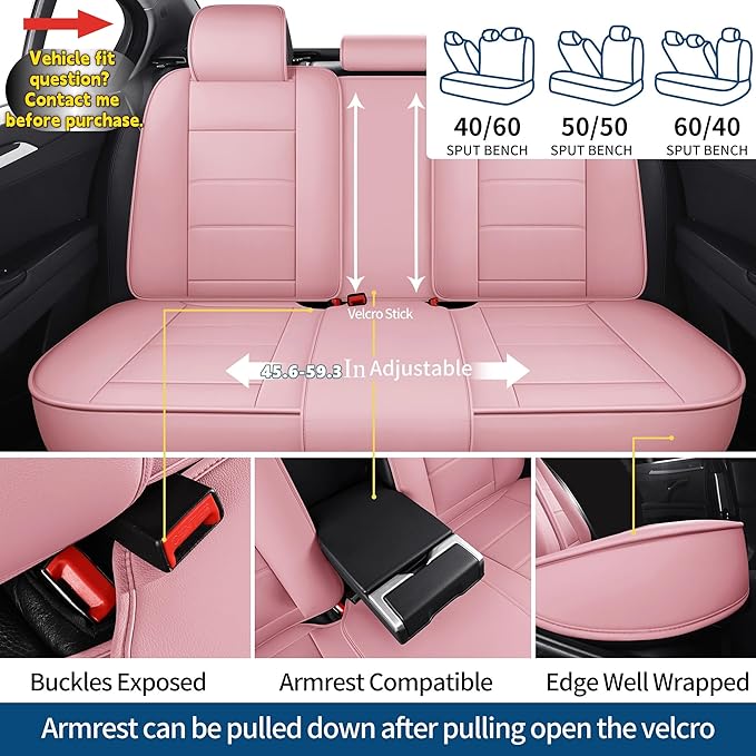 Chezope Car Seat Covers Full Set, Pink Leather Seat Covers, Breathable Front and Back Car Seat Protectors, Wear-Resistant Seat Covers Universal Fit for Most Cars SUV Truck (Pink-Stripes-A, Full Set)