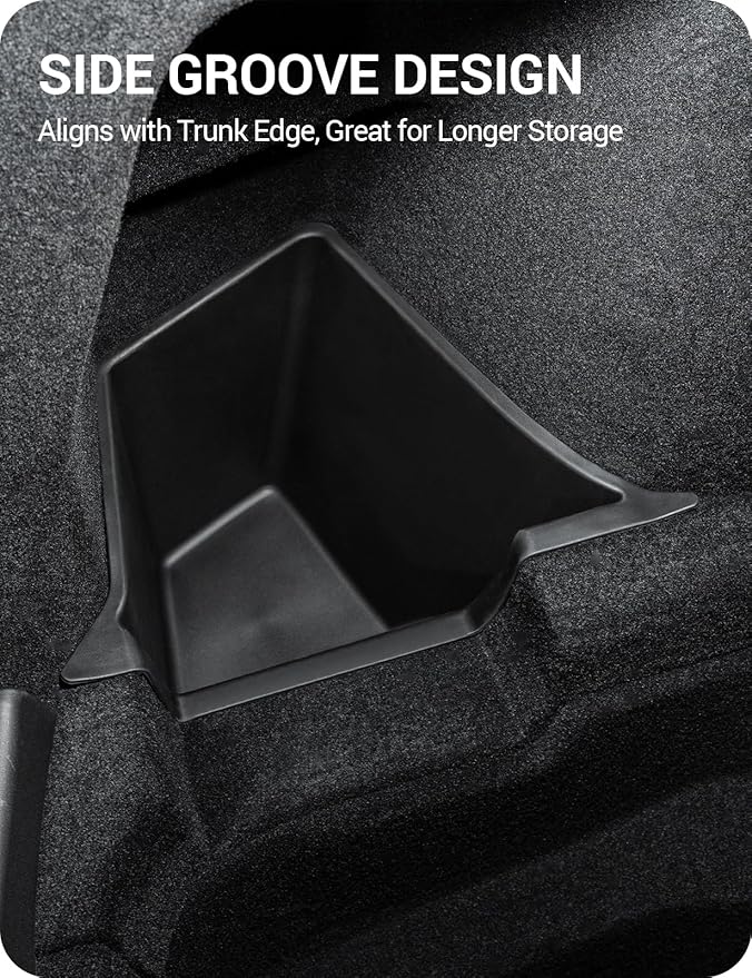 BASENOR 2025 2026 Tesla Model Y Trunk Storage Bins, (Proprietary Design) Trunk Organizer with Carpeted Lid, Rear Trunk Side Storage Box for 5-Seats Model Y Juniper Interior Accessories